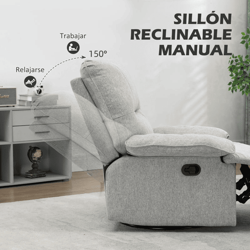 HOMCOM Poltrona Reclinável de Sala de Estar Poltrona Relax Reclinável Manual Estofado em Tecido com Apoio para os Pés Carga 160 kg para Pessoas entre 150-190 cm 89x98x101 cm Cinza