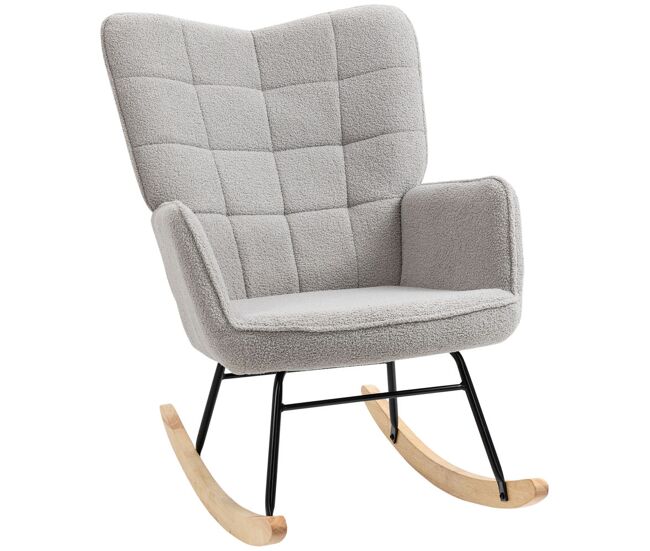 Homcom silla mecedora, mecedora de borreguito con respaldo alto, patas de madera de haya, reposabrazos, estilo moderno, sillón de lactancia, carga 120