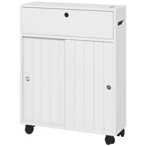 kleankin Armário Auxiliar Casa de Banho Moderno Armário Casa de Banho com 4 Rodas 2 Compartimentos para Papel Higiénico Armário e Prateleiras Ajustáveis Móvel Auxiliar de Armazenamento 52x17x67 cm Branco