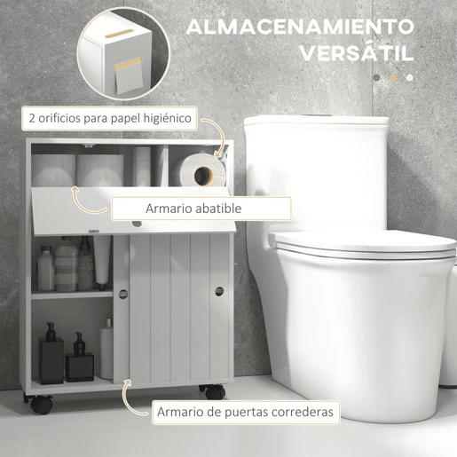 kleankin Armário Auxiliar Casa de Banho Moderno Armário Casa de Banho com 4 Rodas 2 Compartimentos para Papel Higiénico Armário e Prateleiras Ajustáveis Móvel Auxiliar de Armazenamento 52x17x67 cm Branco