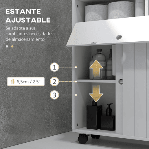 kleankin Armário Auxiliar Casa de Banho Moderno Armário Casa de Banho com 4 Rodas 2 Compartimentos para Papel Higiénico Armário e Prateleiras Ajustáveis Móvel Auxiliar de Armazenamento 52x17x67 cm Branco