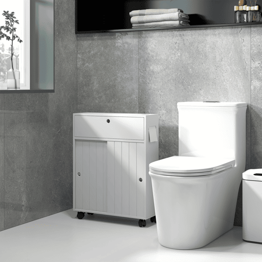 kleankin Armário Auxiliar Casa de Banho Moderno Armário Casa de Banho com 4 Rodas 2 Compartimentos para Papel Higiénico Armário e Prateleiras Ajustáveis Móvel Auxiliar de Armazenamento 52x17x67 cm Branco