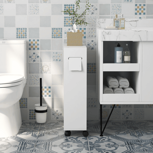 kleankin Armário Auxiliar Casa de Banho Moderno Armário Casa de Banho com 4 Rodas 2 Compartimentos para Papel Higiénico Armário e Prateleiras Ajustáveis Móvel Auxiliar de Armazenamento 52x17x67 cm Branco