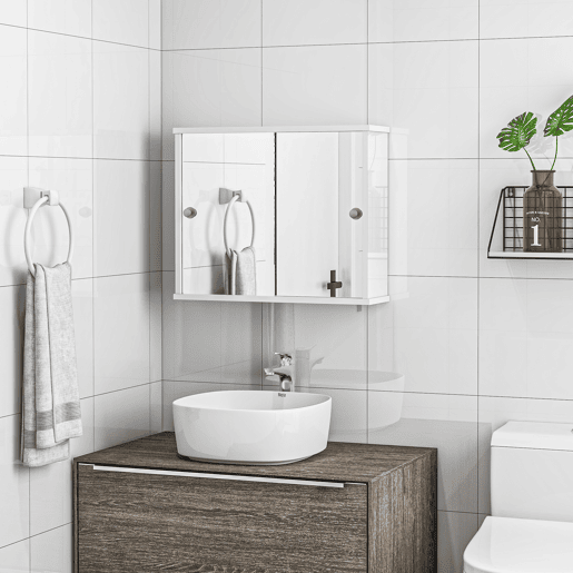 kleankin Armário Casa de Banho com Espelho Móvel Suspenso para Casa de Banho com Prateleira Ajustável e Porta de Correr Dupla com Espelho 55x15x45 cm Branco Brilhante