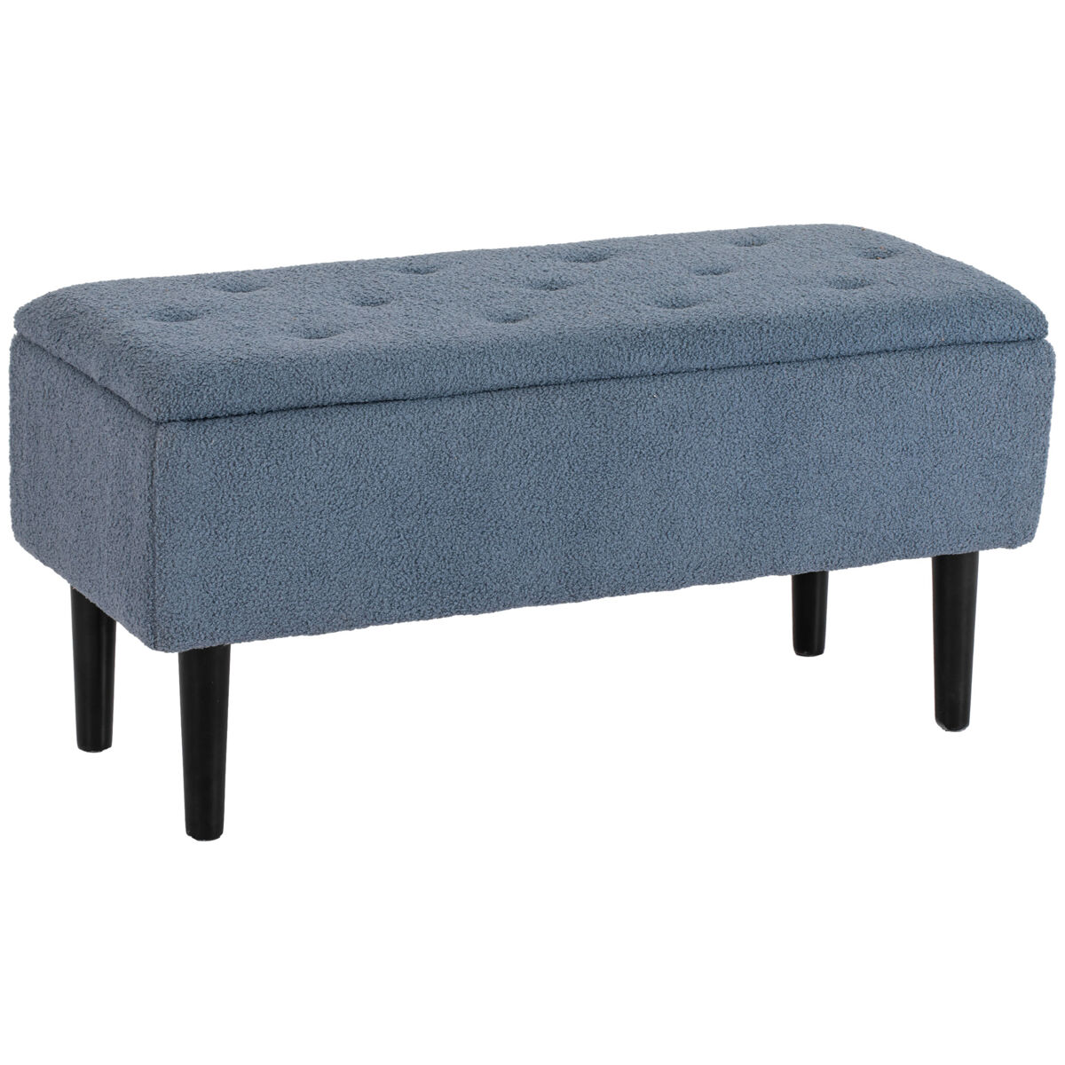 Homcom puff almacenaje, banco almacenaje plegable, capacidad de 57 l, 95x38x45 cm, tapizado en borreguito, pie de cama con tapa abatible y patas de madera, para salón, dormitorio, entrada, azul