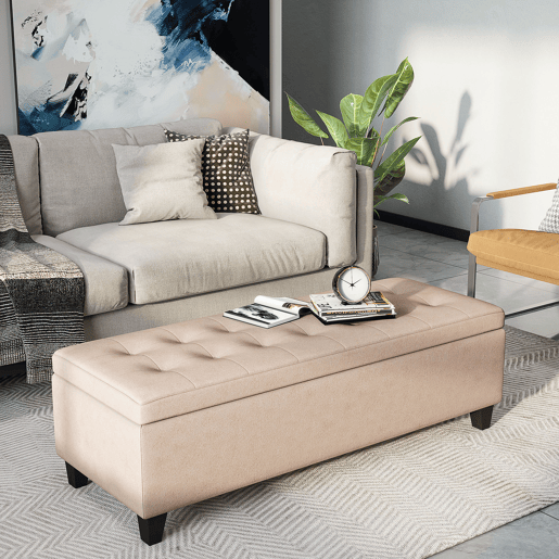 HOMCOM Banco de Armazenamento Acolchoado Banco Estofado em Linho Tampa com Abertura para Sala de Estar Entrada Dormitório Carga Máxima 120 kg 125x49x41,5 cm Bege