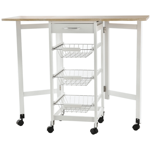 HOMCOM Carrinho de Cozinha Dobrável Carrinho Auxiliar com Rodas 1 Gaveta e 3 Cestos de Metal Carrinho de Serviço Multifuncional para Armazenamento Carga 50 kg 97,2x37x77,5 cm Branco e Madeira
