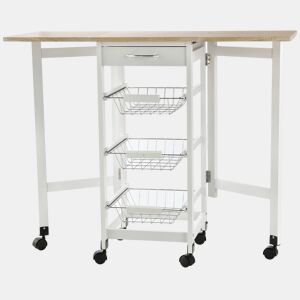 HOMCOM Carrinho de Cozinha Dobrável Carrinho Auxiliar com Rodas 1 Gaveta e 3 Cestos de Metal Carrinho de Serviço Multifuncional para Armazenamento Carga 50 kg 97,2x37x77,5 cm Branco e Madeira
