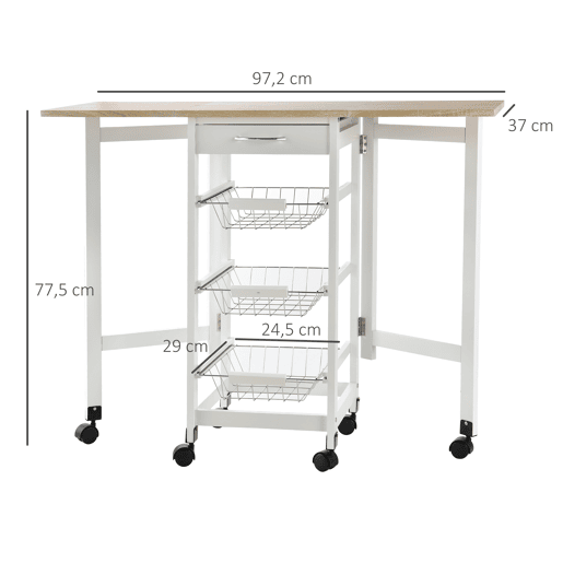 HOMCOM Carrinho de Cozinha Dobrável Carrinho Auxiliar com Rodas 1 Gaveta e 3 Cestos de Metal Carrinho de Serviço Multifuncional para Armazenamento Carga 50 kg 97,2x37x77,5 cm Branco e Madeira