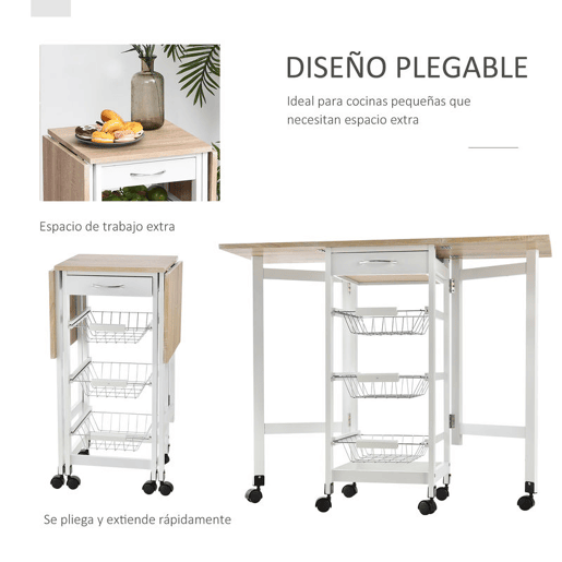 HOMCOM Carrinho de Cozinha Dobrável Carrinho Auxiliar com Rodas 1 Gaveta e 3 Cestos de Metal Carrinho de Serviço Multifuncional para Armazenamento Carga 50 kg 97,2x37x77,5 cm Branco e Madeira