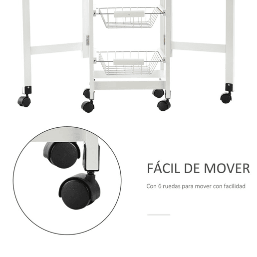 HOMCOM Carrinho de Cozinha Dobrável Carrinho Auxiliar com Rodas 1 Gaveta e 3 Cestos de Metal Carrinho de Serviço Multifuncional para Armazenamento Carga 50 kg 97,2x37x77,5 cm Branco e Madeira