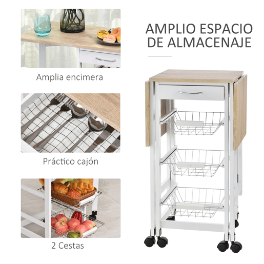 HOMCOM Carrinho de Cozinha Dobrável Carrinho Auxiliar com Rodas 1 Gaveta e 3 Cestos de Metal Carrinho de Serviço Multifuncional para Armazenamento Carga 50 kg 97,2x37x77,5 cm Branco e Madeira