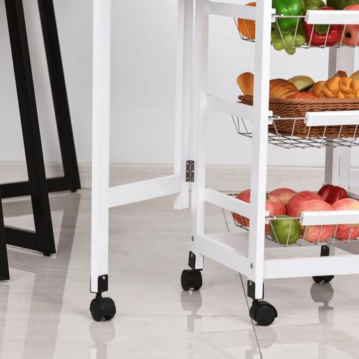 HOMCOM Carrinho de Cozinha Dobrável Carrinho Auxiliar com Rodas 1 Gaveta e 3 Cestos de Metal Carrinho de Serviço Multifuncional para Armazenamento Carga 50 kg 97,2x37x77,5 cm Branco e Madeira