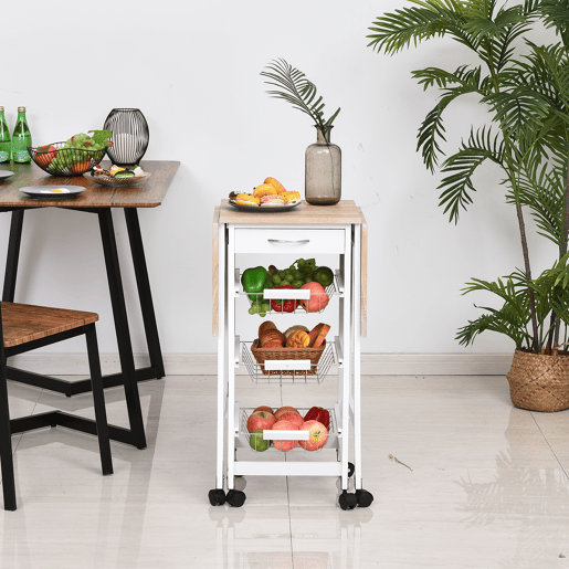 HOMCOM Carrinho de Cozinha Dobrável Carrinho Auxiliar com Rodas 1 Gaveta e 3 Cestos de Metal Carrinho de Serviço Multifuncional para Armazenamento Carga 50 kg 97,2x37x77,5 cm Branco e Madeira