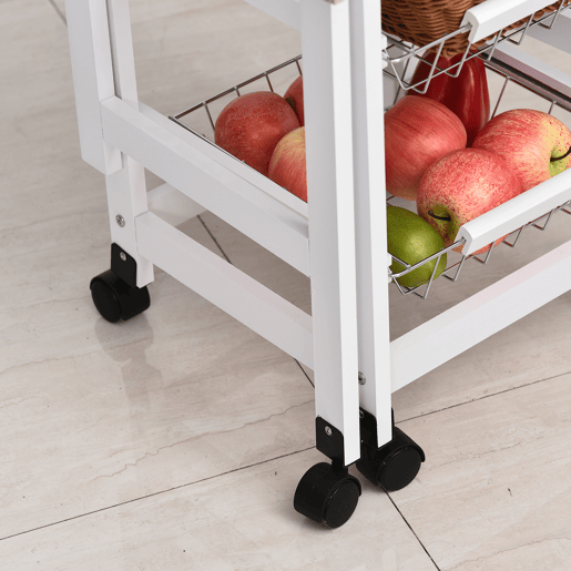 HOMCOM Carrinho de Cozinha Dobrável Carrinho Auxiliar com Rodas 1 Gaveta e 3 Cestos de Metal Carrinho de Serviço Multifuncional para Armazenamento Carga 50 kg 97,2x37x77,5 cm Branco e Madeira