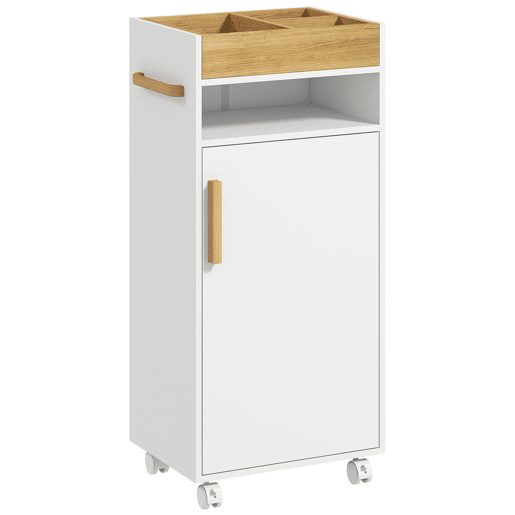 kleankin Armário Casa de Banho Moderno Móvel Auxiliar Casa de Banho com Prateleiras Ajustáveis Armário Bandeja Amovível e Rodas 40x30x88 cm Branco e Carvalho