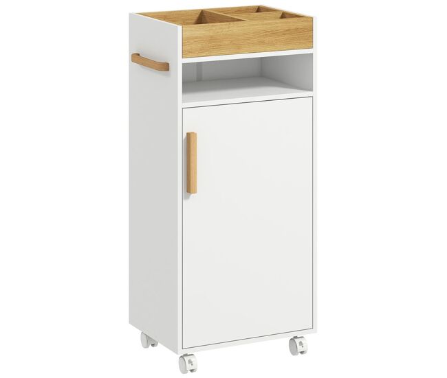 Kleankin armario de baño moderno columna auxiliar de baño mueble de suelo con estantes ajustables armario bandeja extraíble y ruedas 40x30x88 cm blanco y roble