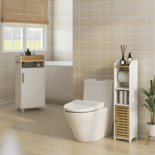 kleankin Armário Casa de Banho Moderno Móvel Auxiliar Casa de Banho com Prateleiras Ajustáveis Armário Bandeja Amovível e Rodas 40x30x88 cm Branco e Carvalho