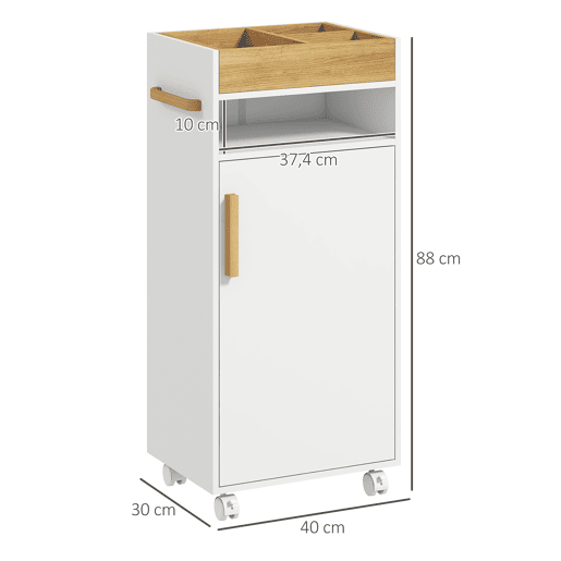 kleankin Armário Casa de Banho Moderno Móvel Auxiliar Casa de Banho com Prateleiras Ajustáveis Armário Bandeja Amovível e Rodas 40x30x88 cm Branco e Carvalho