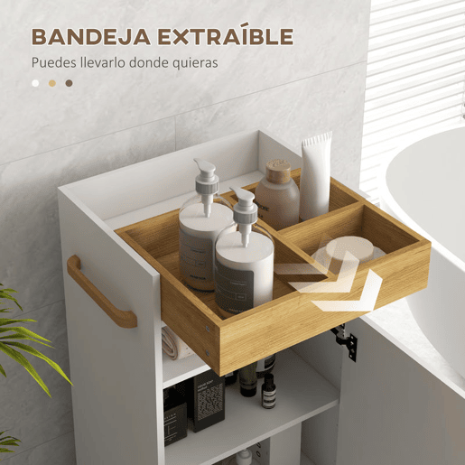 kleankin Armário Casa de Banho Moderno Móvel Auxiliar Casa de Banho com Prateleiras Ajustáveis Armário Bandeja Amovível e Rodas 40x30x88 cm Branco e Carvalho