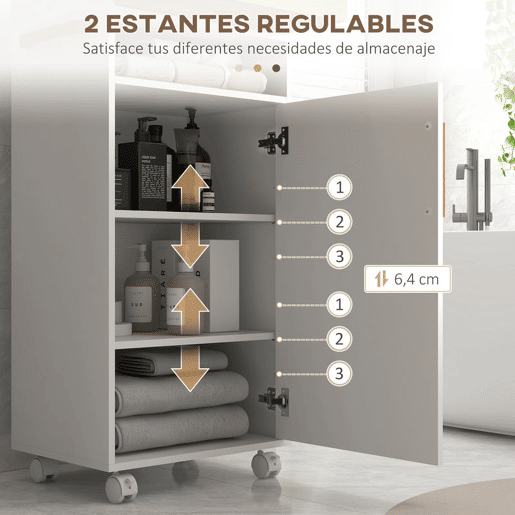 kleankin Armário Casa de Banho Moderno Móvel Auxiliar Casa de Banho com Prateleiras Ajustáveis Armário Bandeja Amovível e Rodas 40x30x88 cm Branco e Carvalho