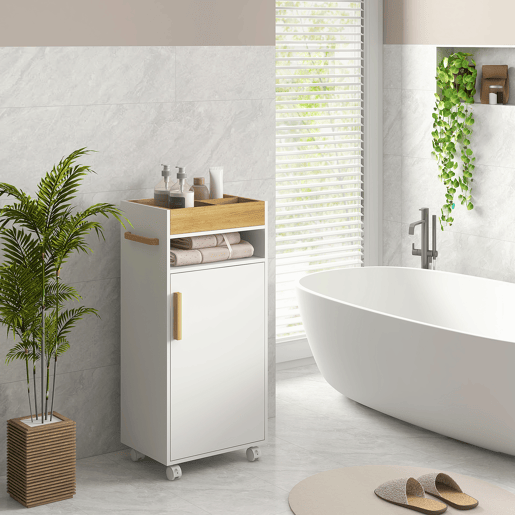 kleankin Armário Casa de Banho Moderno Móvel Auxiliar Casa de Banho com Prateleiras Ajustáveis Armário Bandeja Amovível e Rodas 40x30x88 cm Branco e Carvalho