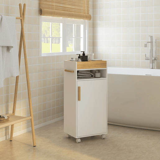 kleankin Armário Casa de Banho Moderno Móvel Auxiliar Casa de Banho com Prateleiras Ajustáveis Armário Bandeja Amovível e Rodas 40x30x88 cm Branco e Carvalho