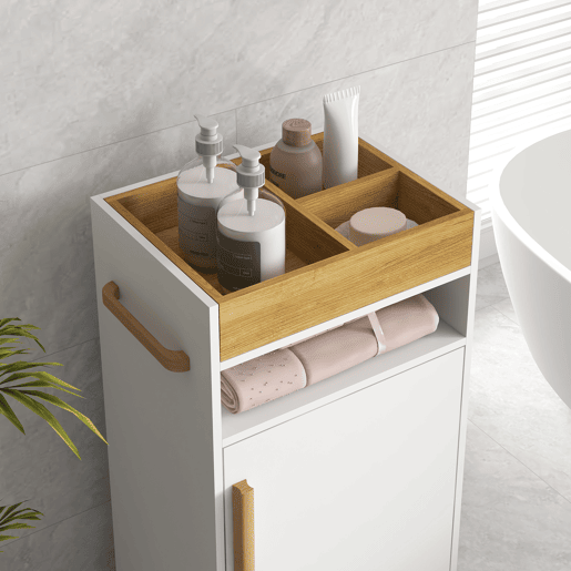kleankin Armário Casa de Banho Moderno Móvel Auxiliar Casa de Banho com Prateleiras Ajustáveis Armário Bandeja Amovível e Rodas 40x30x88 cm Branco e Carvalho