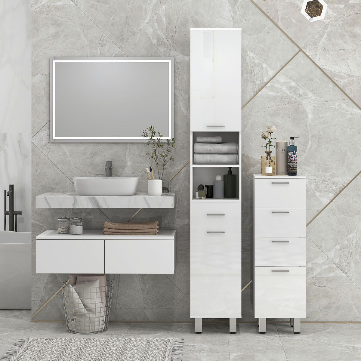 Kleankin Armario Alto Baño Estrecho 30x28x170 Cm - 1 Cajón Y 5 Estantes Abiertos, Sistema Push-Open, Acabado Brillante Blanco - Ideal Para Espacios Pequeños