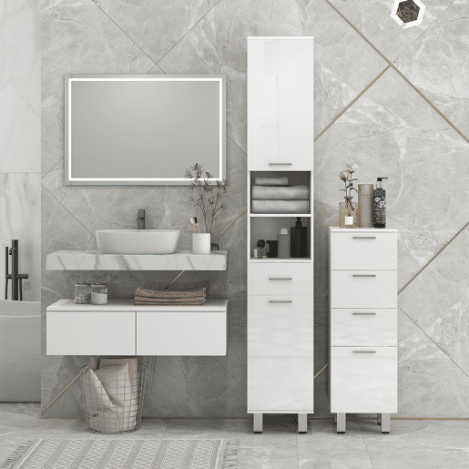 kleankin Coluna Casa de Banho Moderna Coluna Casa de banho com 1 Gaveta 3 Prateleiras Ajustáveis e 2 Armários Móvel Auxiliar de Armazenamento para Casa de Banho 30x30x180 cm Branco