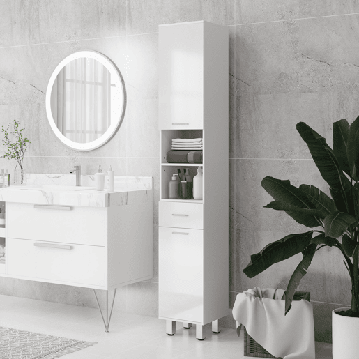 kleankin Coluna Casa de Banho Moderna Coluna Casa de banho com 1 Gaveta 3 Prateleiras Ajustáveis e 2 Armários Móvel Auxiliar de Armazenamento para Casa de Banho 30x30x180 cm Branco