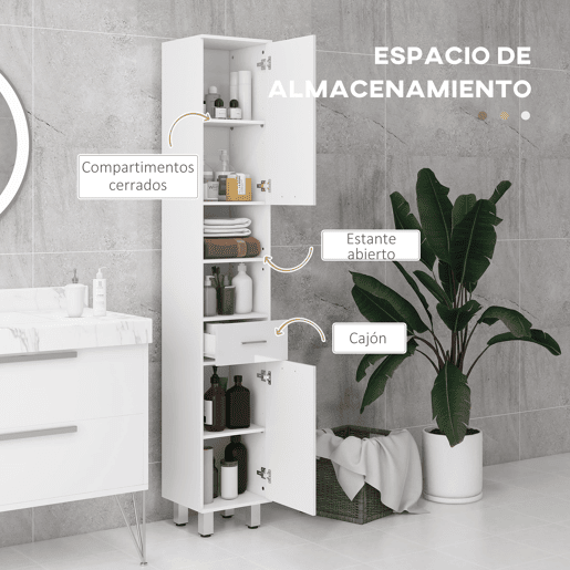 kleankin Coluna Casa de Banho Moderna Coluna Casa de banho com 1 Gaveta 3 Prateleiras Ajustáveis e 2 Armários Móvel Auxiliar de Armazenamento para Casa de Banho 30x30x180 cm Branco