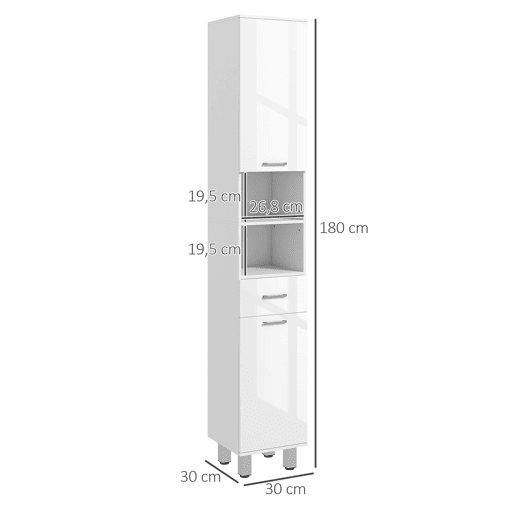kleankin Coluna Casa de Banho Moderna Coluna Casa de banho com 1 Gaveta 3 Prateleiras Ajustáveis e 2 Armários Móvel Auxiliar de Armazenamento para Casa de Banho 30x30x180 cm Branco
