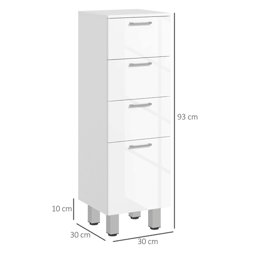 kleankin Móvel Auxiliar Casa de Banho Moderno Armário Casa de Banho com 4 Gavetas Móvel de Armazenamento para Casa de Banho Anti-Tombo Carga Máx. 30 kg 30x30x93 cm Branco
