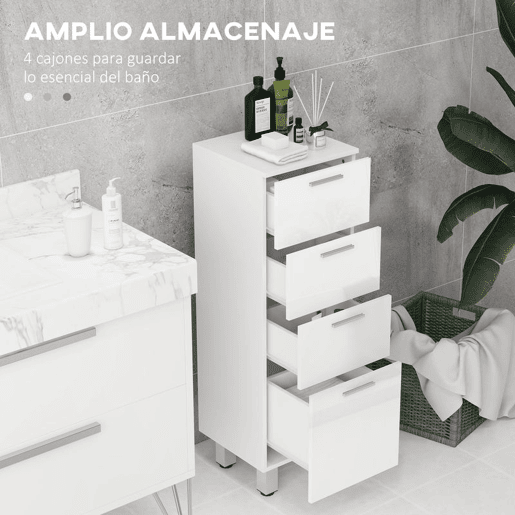 kleankin Móvel Auxiliar Casa de Banho Moderno Armário Casa de Banho com 4 Gavetas Móvel de Armazenamento para Casa de Banho Anti-Tombo Carga Máx. 30 kg 30x30x93 cm Branco