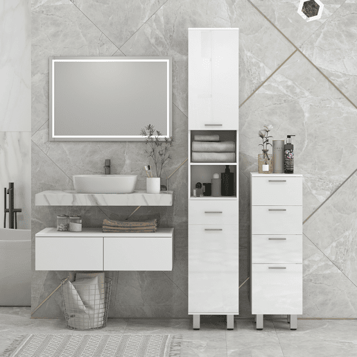 kleankin Móvel Auxiliar Casa de Banho Moderno Armário Casa de Banho com 4 Gavetas Móvel de Armazenamento para Casa de Banho Anti-Tombo Carga Máx. 30 kg 30x30x93 cm Branco