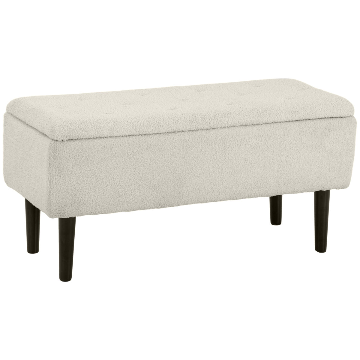 Homcom puff almacenaje, banco almacenaje plegable, capacidad de 57 l, 95x38x45 cm, tapizado en borreguito, pie de cama con tapa abatible y patas de madera, para salón, dormitorio, entrada, crema