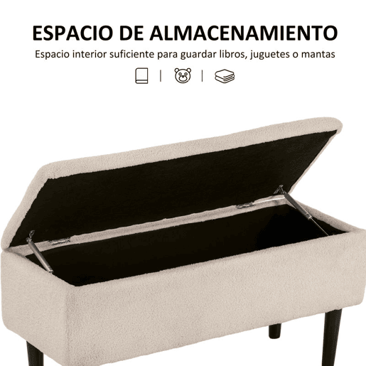 HOMCOM Banco de Armazenamento Dormitório Banco de Armazenamento Capacidade 47L Tampa Abatível e Pés de Madeira de Borracha Carga Máxima 120 kg 95x38x45 cm Bege