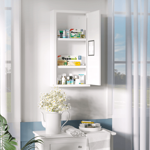 kleankin Armário Farmácia de Parede Armário de Medicamentos de Aço com 3 Níveis Porta Magnética para Cozinha Casa de Banho 30x12x60 cm Branco