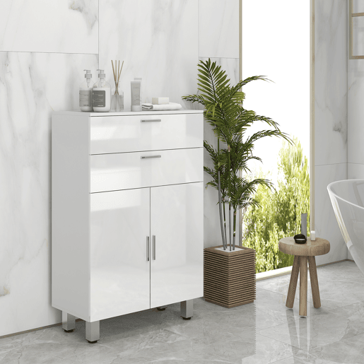kleankin Móvel Auxiliar Casa de Banho Moderno com 2 Gavetas Armário e Prateleiras Ajustáveis Móvel de Armazenamento para Casa de Banho Carga Máxima 35 kg 60x30x93 cm Branco