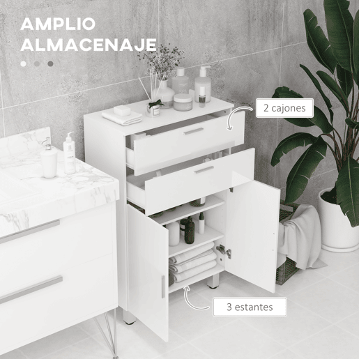kleankin Móvel Auxiliar Casa de Banho Moderno com 2 Gavetas Armário e Prateleiras Ajustáveis Móvel de Armazenamento para Casa de Banho Carga Máxima 35 kg 60x30x93 cm Branco