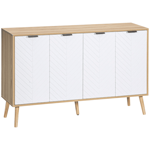 HOMCOM Aparador de 4 Portas, Aparador de Sala com Prateleiras Ajustáveis, Pés de Madeira, Portas com Padrão de Espiga, para Cozinha, Entrada, Quarto, Branco e Natural, 120x35x77,4 cm