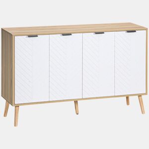 HOMCOM Aparador de 4 Portas, Aparador de Sala com Prateleiras Ajustáveis, Pés de Madeira, Portas com Padrão de Espiga, para Cozinha, Entrada, Quarto, Branco e Natural, 120x35x77,4 cm
