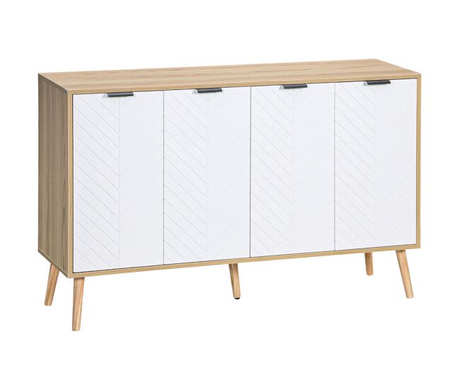 Homcom aparador de 4 puertas, aparador de salón con estantes ajustables, patas de madera, puertas con patrón de espiga, para cocina, entrada, dormitorio, comedor, blanco y natural, 120x35x77,4 cm