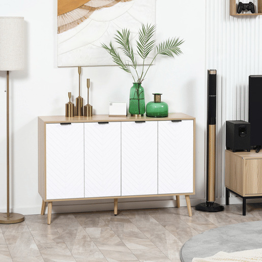 HOMCOM Aparador de 4 Portas, Aparador de Sala com Prateleiras Ajustáveis, Pés de Madeira, Portas com Padrão de Espiga, para Cozinha, Entrada, Quarto, Branco e Natural, 120x35x77,4 cm