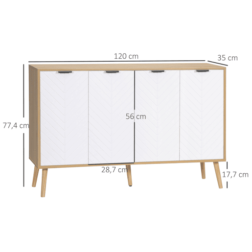 HOMCOM Aparador de 4 Portas, Aparador de Sala com Prateleiras Ajustáveis, Pés de Madeira, Portas com Padrão de Espiga, para Cozinha, Entrada, Quarto, Branco e Natural, 120x35x77,4 cm