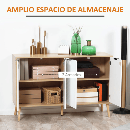 HOMCOM Aparador de 4 Portas, Aparador de Sala com Prateleiras Ajustáveis, Pés de Madeira, Portas com Padrão de Espiga, para Cozinha, Entrada, Quarto, Branco e Natural, 120x35x77,4 cm