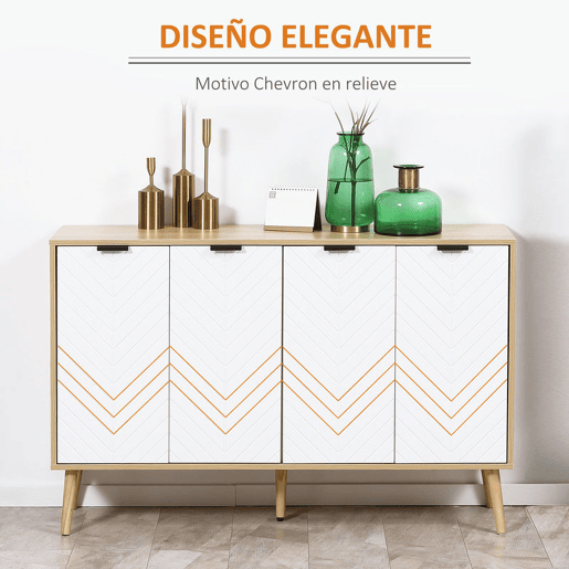 HOMCOM Aparador de 4 Portas, Aparador de Sala com Prateleiras Ajustáveis, Pés de Madeira, Portas com Padrão de Espiga, para Cozinha, Entrada, Quarto, Branco e Natural, 120x35x77,4 cm