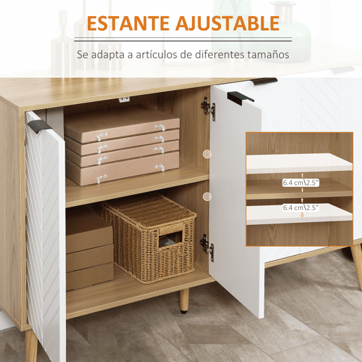 HOMCOM Aparador de 4 Portas, Aparador de Sala com Prateleiras Ajustáveis, Pés de Madeira, Portas com Padrão de Espiga, para Cozinha, Entrada, Quarto, Branco e Natural, 120x35x77,4 cm