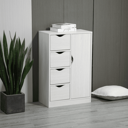 HOMCOM Armário de Sala de Estar Aparador Auxiliar com 4 Gavetas 1 Armário e Prateleira Inferior Móvel de Armazenamento Múltiuso para Dormitórios Sala de Jantar 54x29x83cm Branco